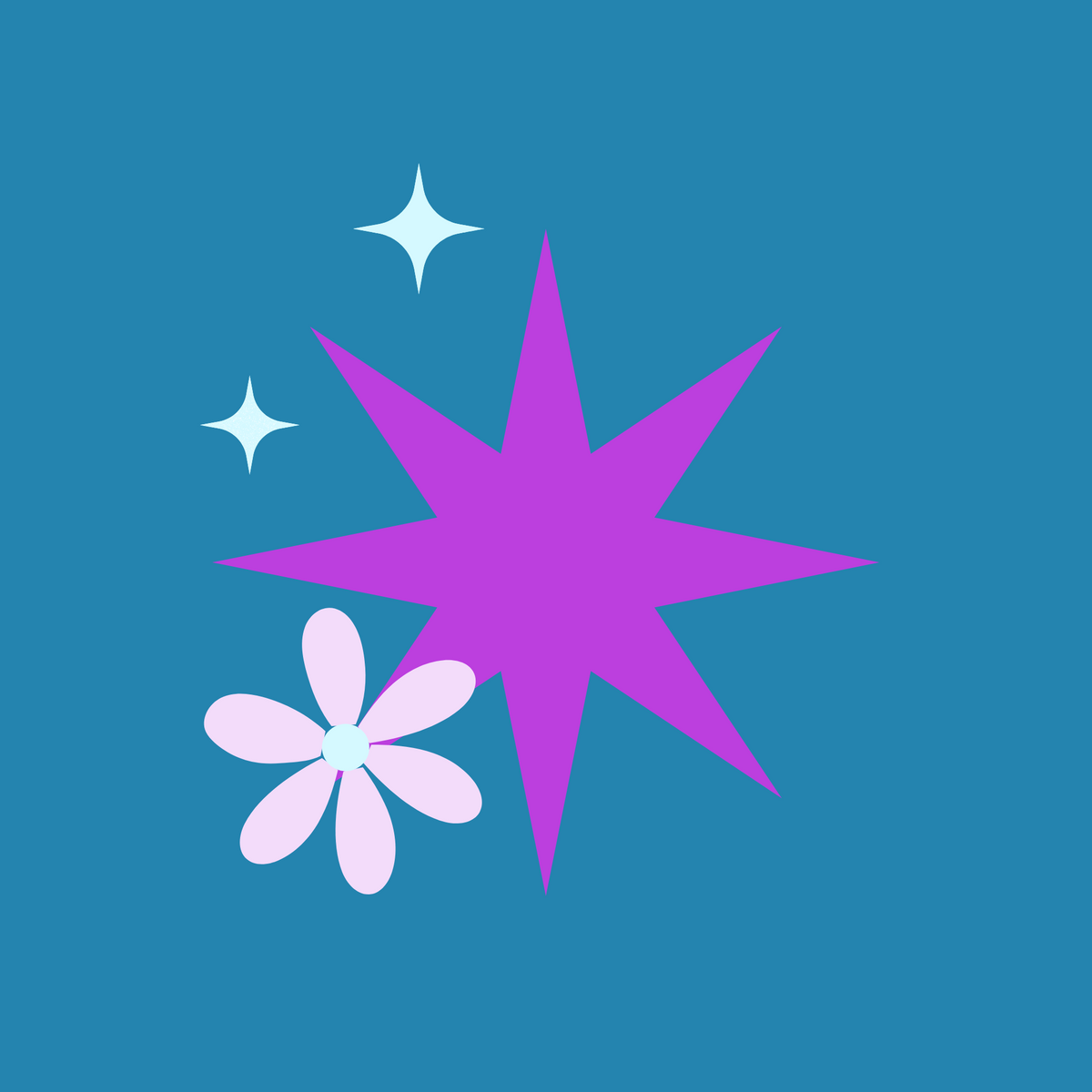 Purple star, pink flower, and white stars on a blue background